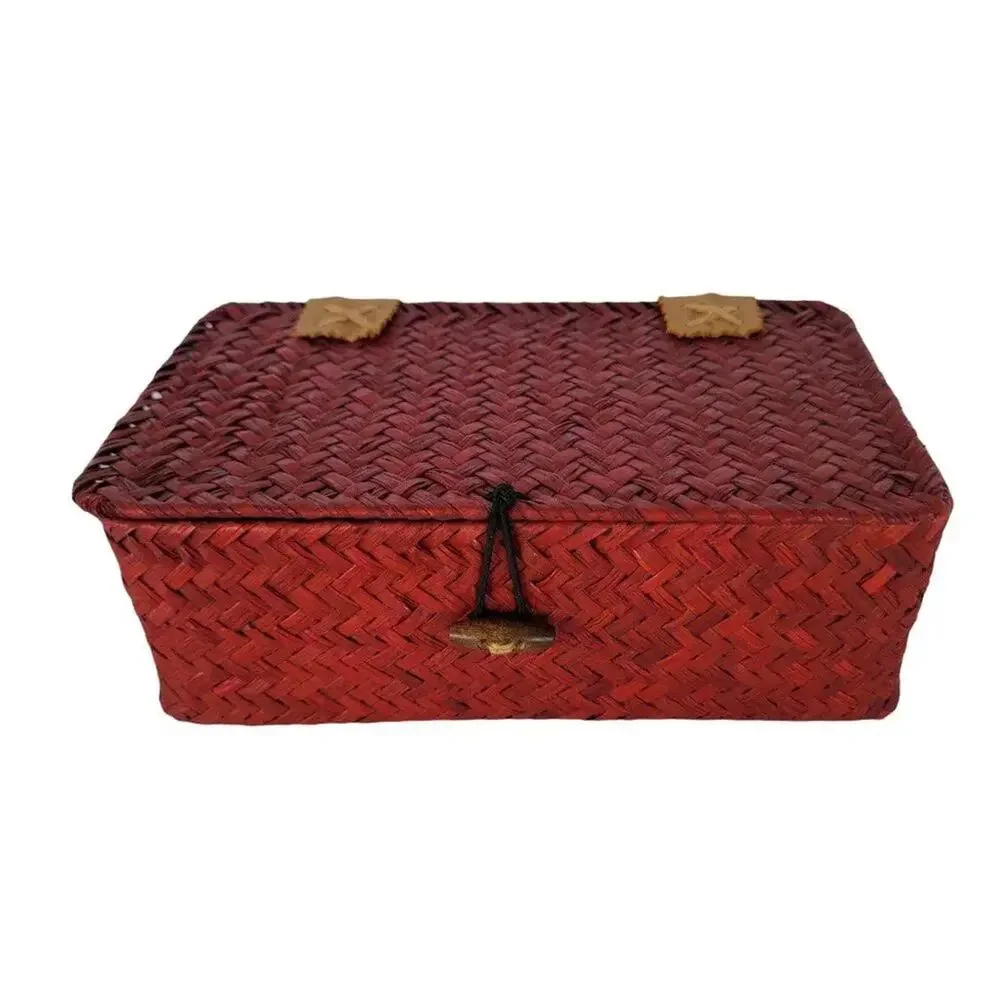 Vintage Wicker Storage Box with Lid Red Woven Keepsake Memory Box Home Decor